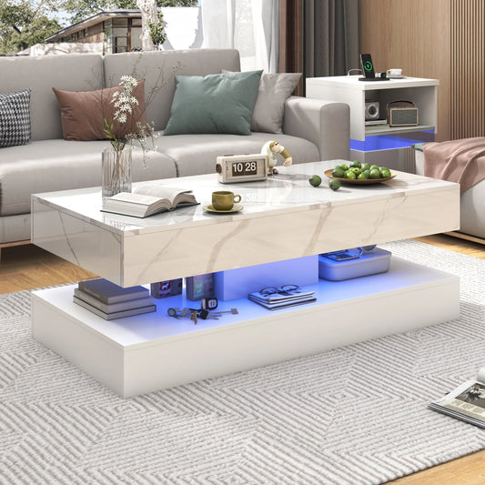Modern LED Coffee Table With Dual Layer And 2 Drawers