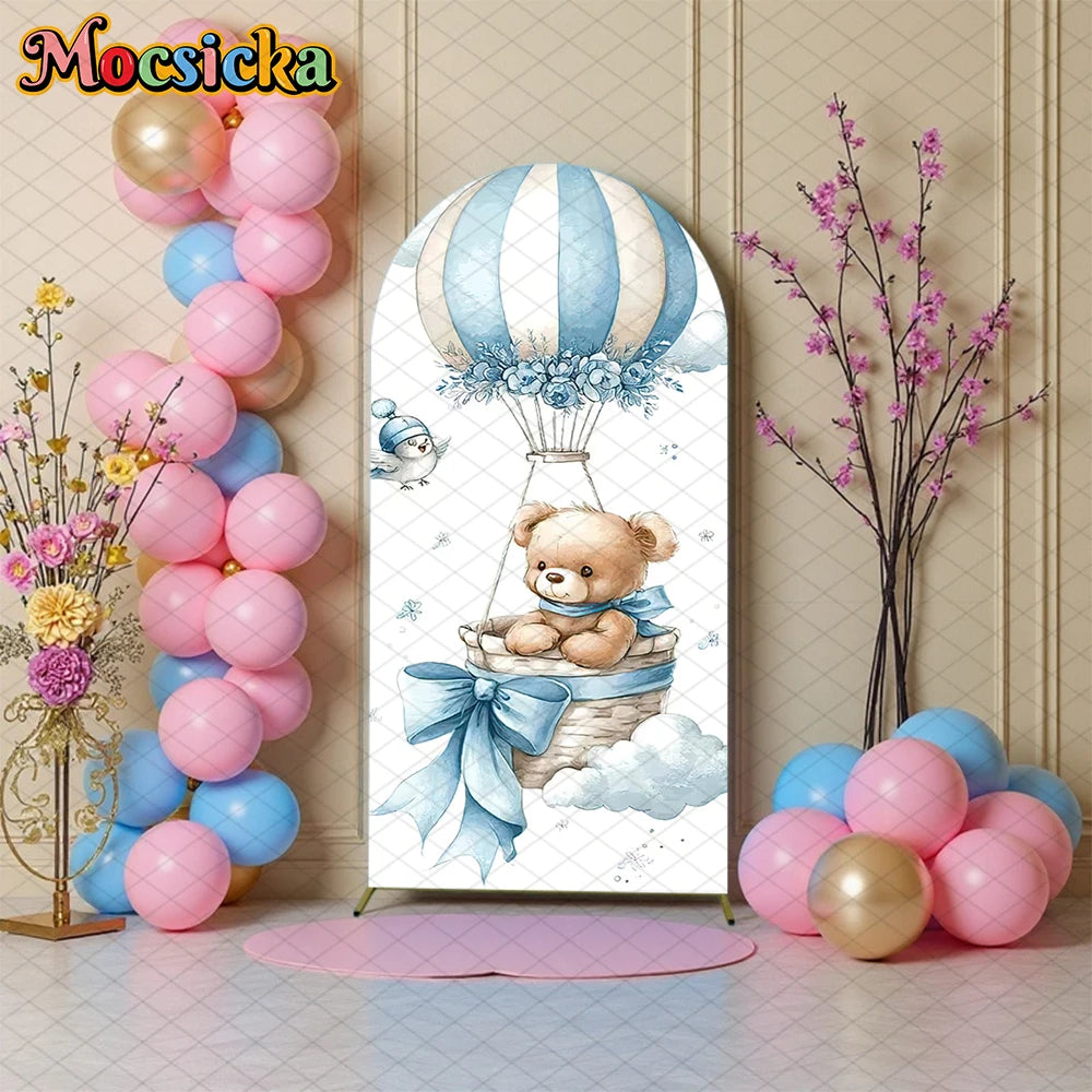Mocsicka Bear Arch Backdrop Cover Baby Shower Birthday Party Arched Background Props Hot Air Balloon Pattern Art Decor Photocall