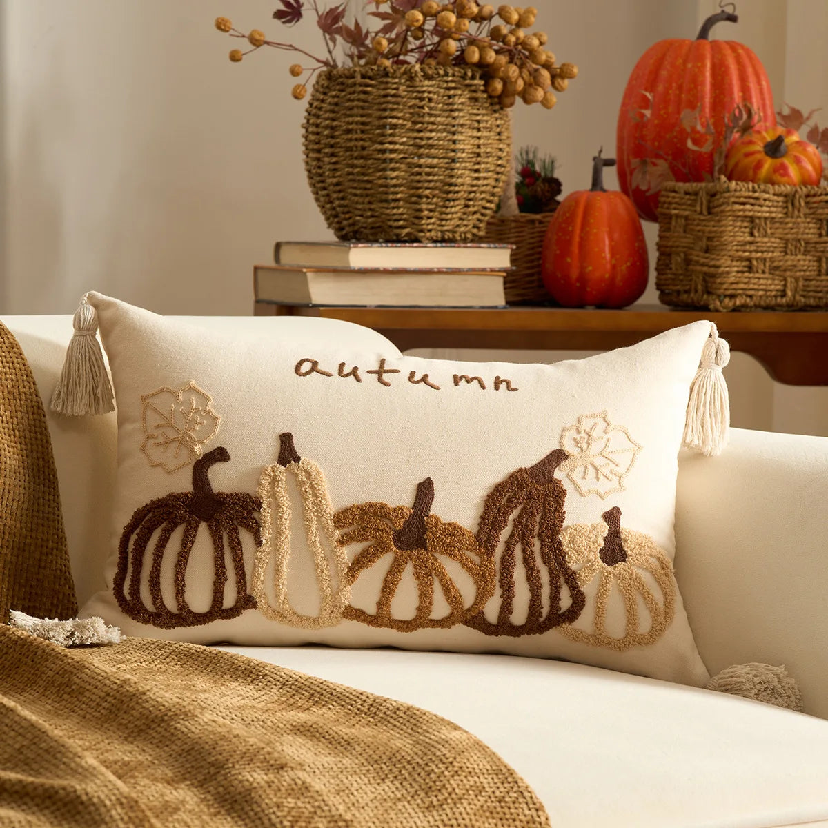 Halloween Tufted Throw Pillow Cover Thanksgiving Maple Pumpkin Square Cushion Cover for Home Living Room Party DIY Fall Decor