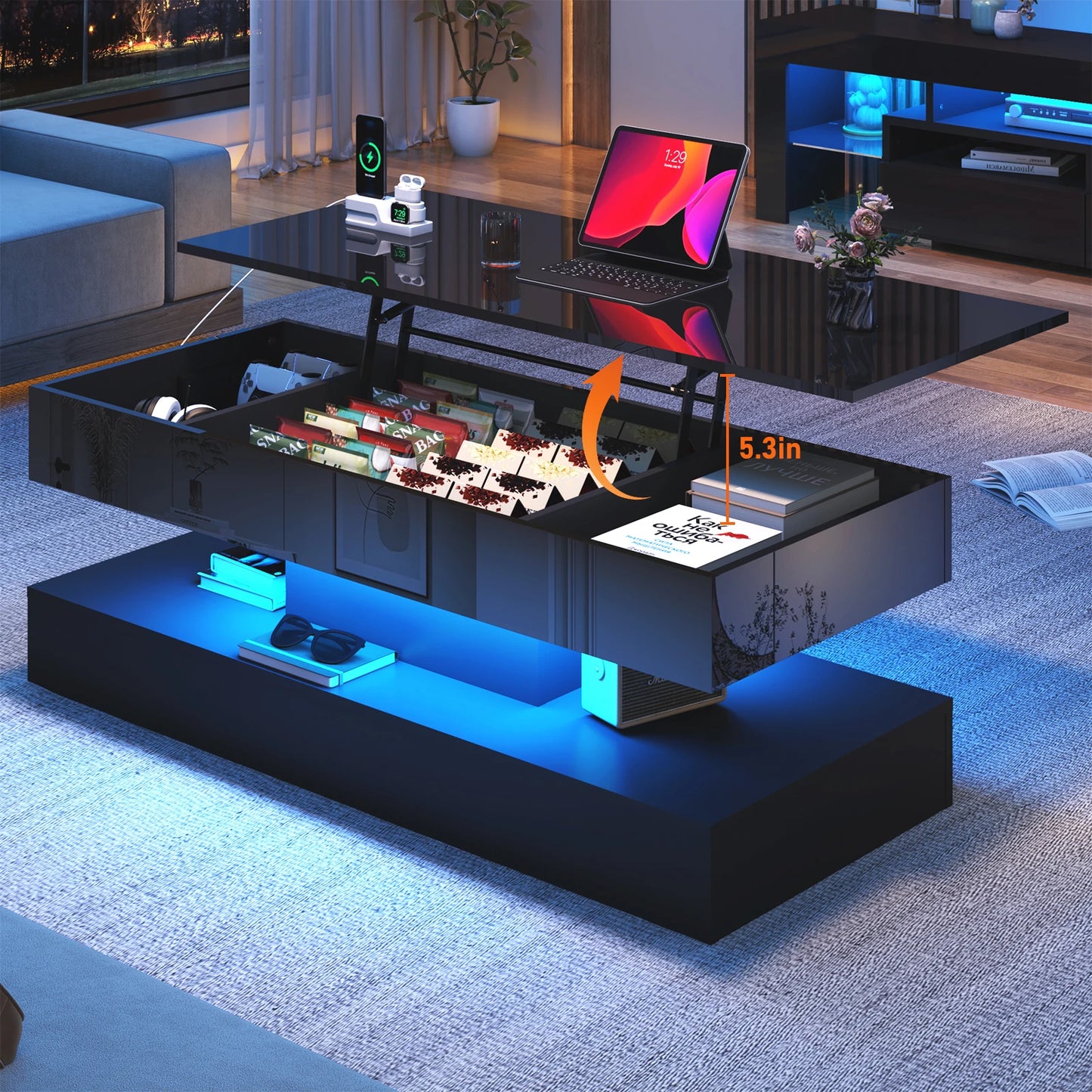 QiaoShiRen Modern LED Coffee Table With Open Display Shelf