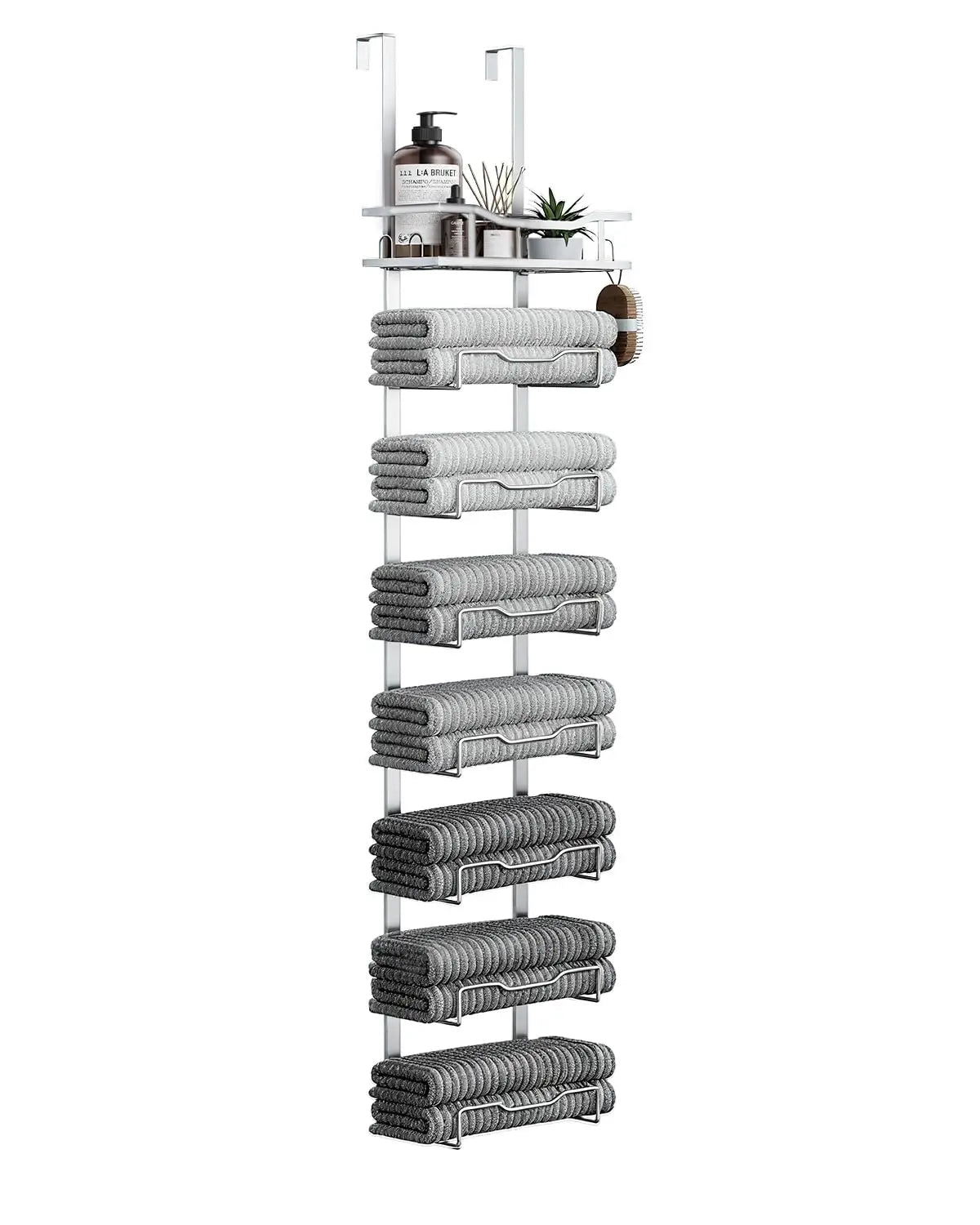 Hanging Towel Racks For Bathroom No Drill - 6-Tier Over The Door Bath Towel Storage Organizer For Small Bathrooms - Tiered Back