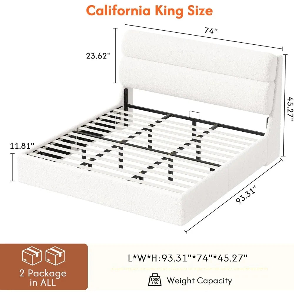California King Boucle Bed Frame with Headboard, Upholstered Platform Bed, No Box Spring Required, Easy Assembly