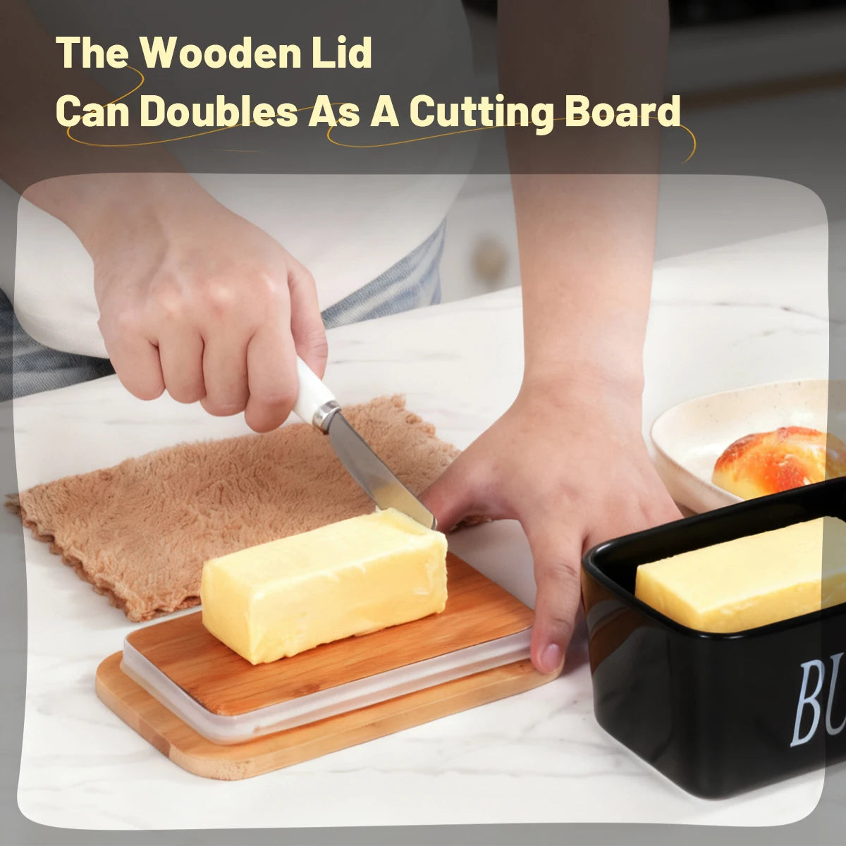 Ceramic Butter Dish With Bamboo Lid Built In Knife And Butter Keeper