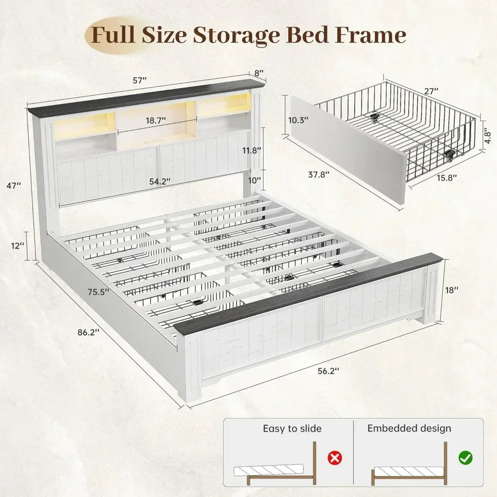 flash sale Bestsellerenhomee full size bed frame with headboard, full bed frame with 4 drawers charging port & led, farmhouse be