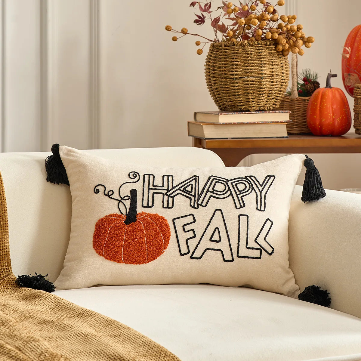 Halloween Tufted Throw Pillow Cover Thanksgiving Maple Pumpkin Square Cushion Cover for Home Living Room Party DIY Fall Decor