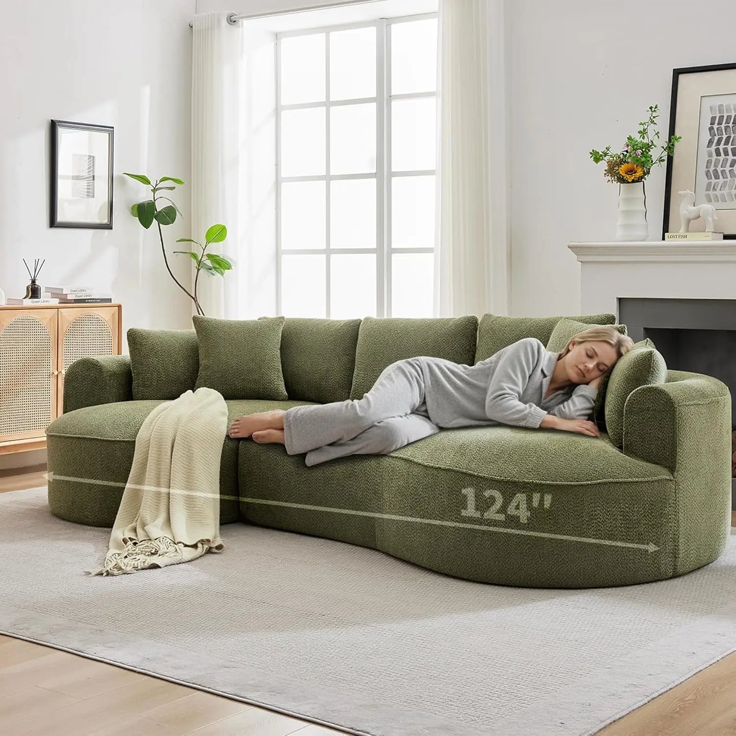124" Oversized Boneless Couches for Living Room, Sectional Curved Sofa with 7 Pillows, L-Shape Boneless Couch with, Customized