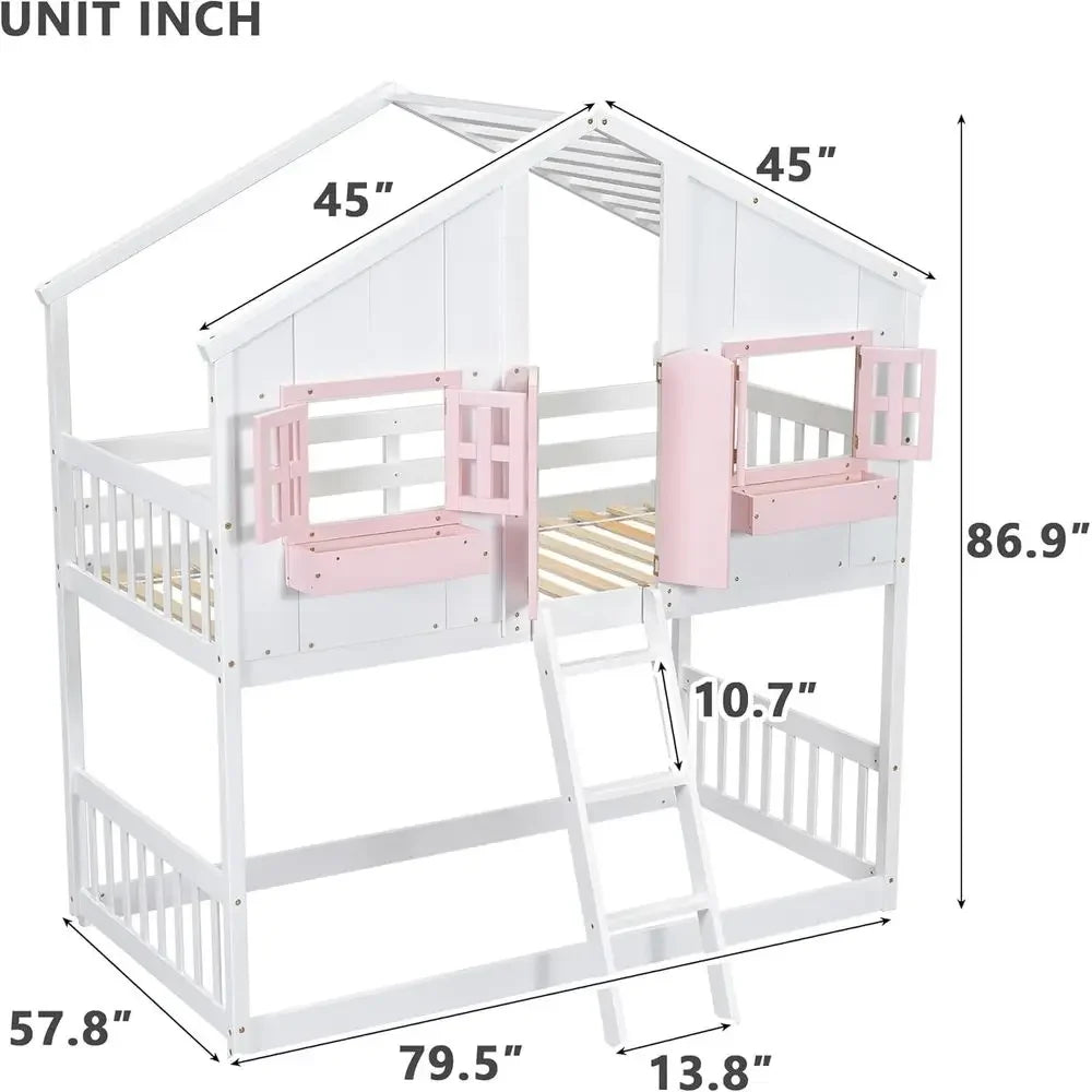 Twin-Size Loft Bunk Bed with Room, Storage, and Window for Kids, Pink and White