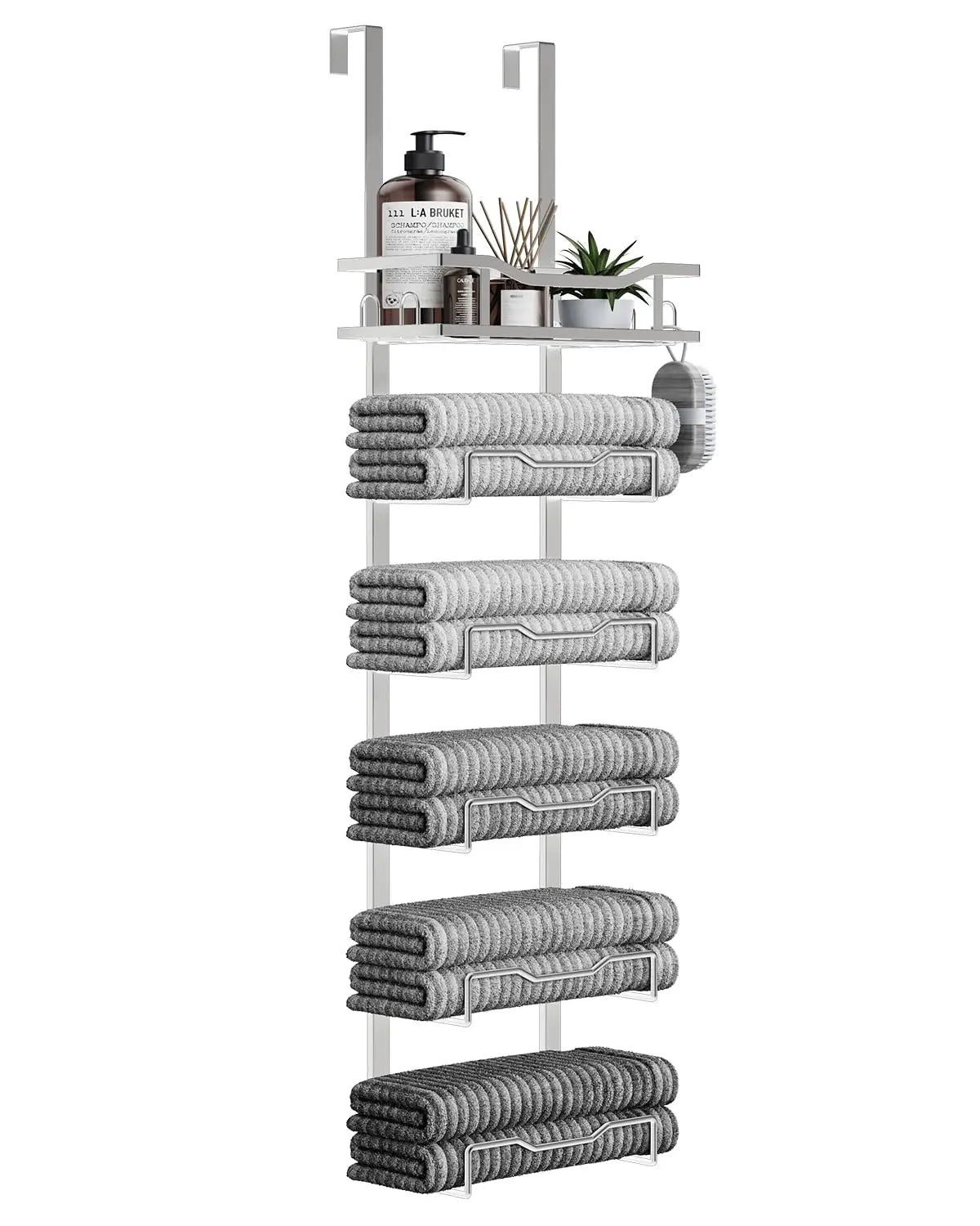 Hanging Towel Racks For Bathroom No Drill - 6-Tier Over The Door Bath Towel Storage Organizer For Small Bathrooms - Tiered Back