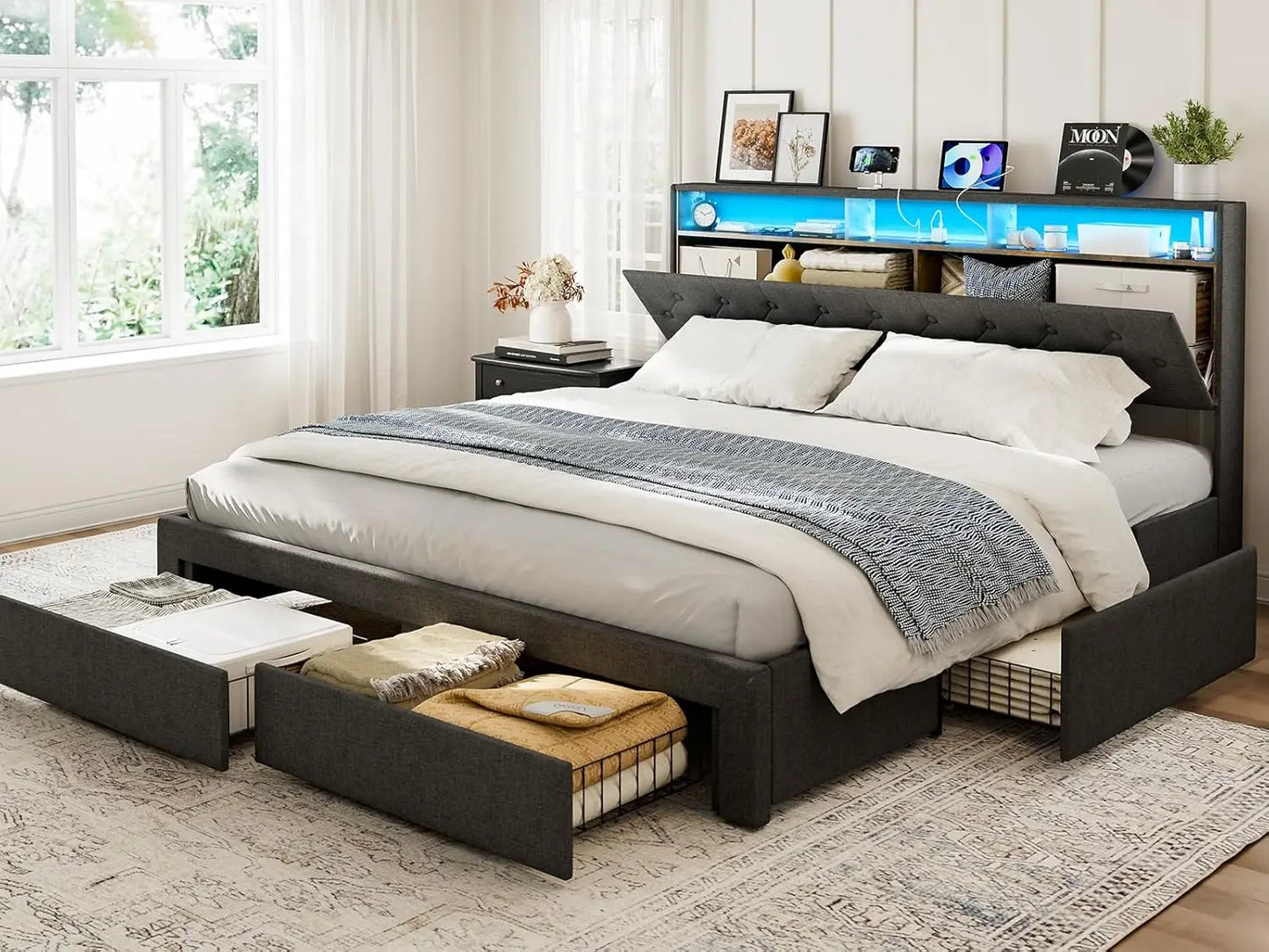 California King Bed Frames with 4 Drawers, Hidden Storage Headboard with LED Lights and Charging Station, Upholstered Cal King P