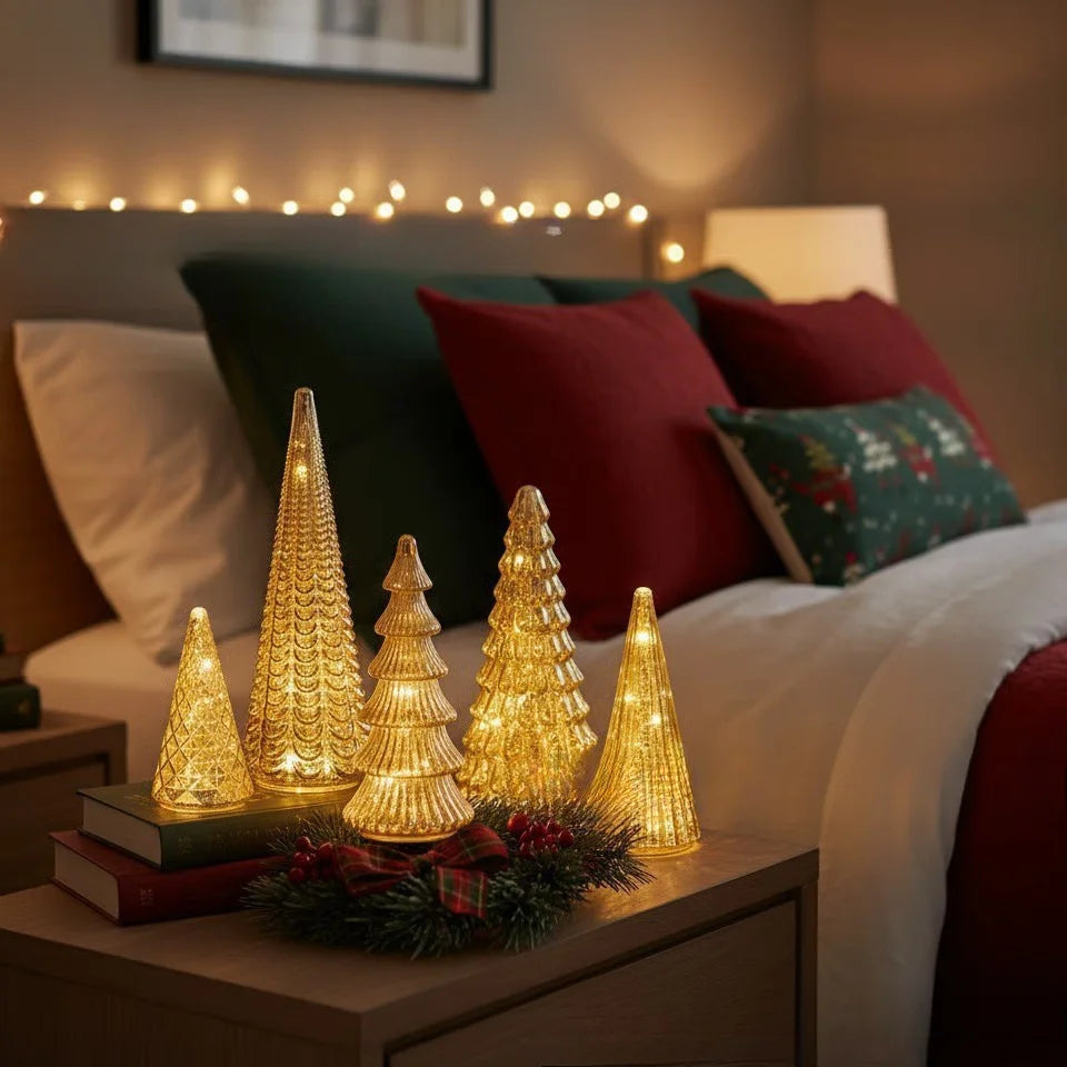Set of 5 Illuminated Mercury Glass Trees With Light Versatile LED Christmas Trees For Tabletop DIY Decoration Desktop Ornament