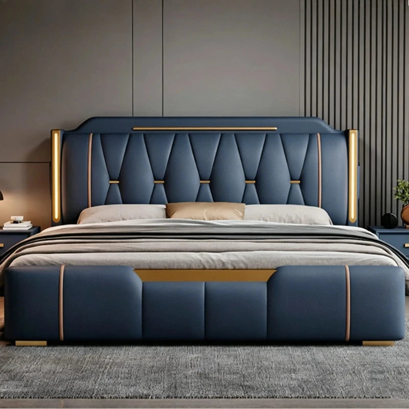 200x220cm Headboard King Bed 2 People Queen Size Storage Frame Master Bedroom Furniture Modern Luxury Double Bed Nappa Leather