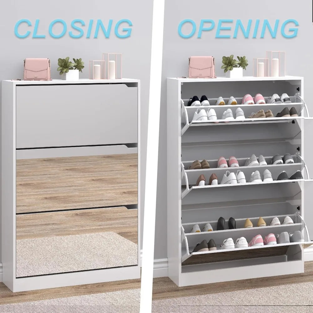Shoe Cabinet with 3-Flip Mirror Drawers, Freestanding Shoe Rack Organizer with Hidden Handle, Slim Narrow Shoe Storage Cabinet
