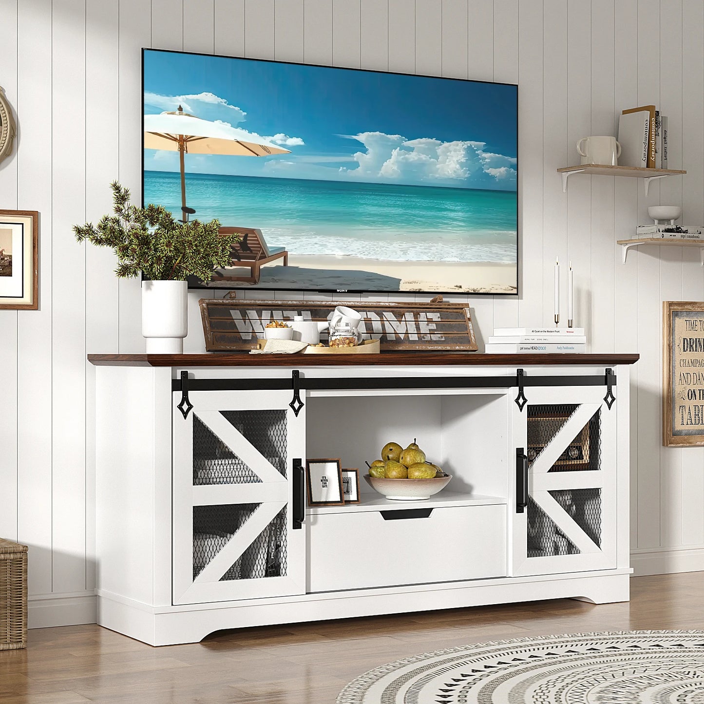 Modern TV Stand For 60 Inch TVs With 1 Drawer 2 Cabinets