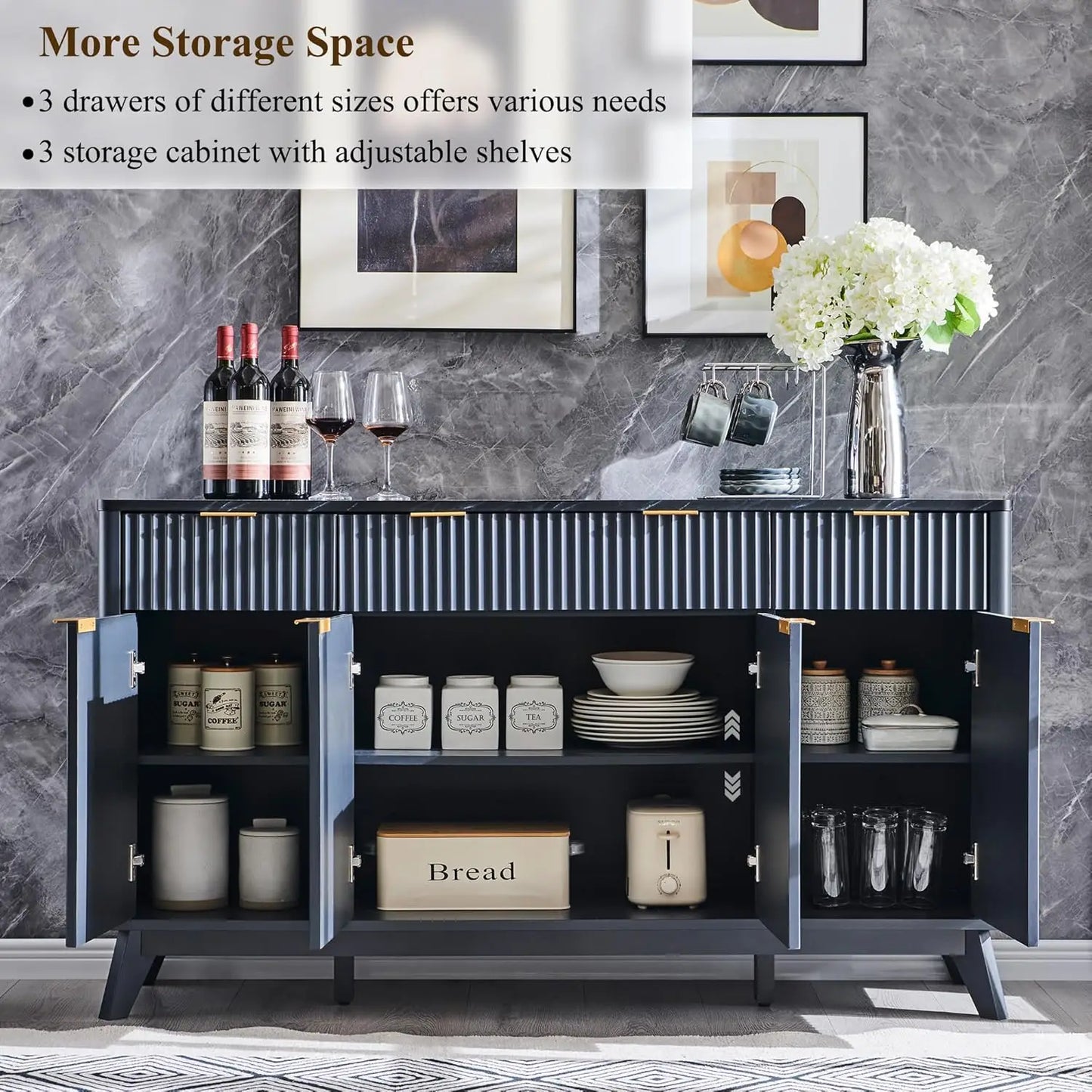 XMSJH Dark Grey Sixty Inch Fluted Buffet Sideboard Storage