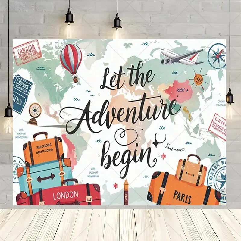 Let The Adventure Begin World Airplane Graduation Backdrop