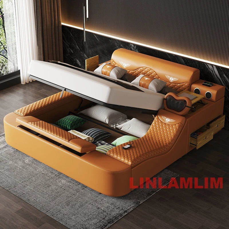 All In One Bed, Luxury Upholstered Platform Bed Frame with Storage, Speaker,LED Light & USB, Genuine Leather Bed King/Queen Size
