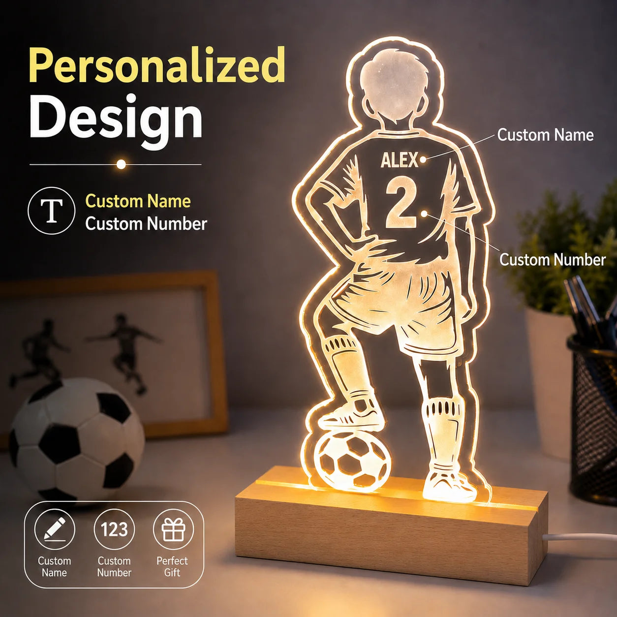 Personalized Football Acrylic Night Light Custom Name Number Jersey Sign Sports Fan Gift for Coach Player Bedroom Decor