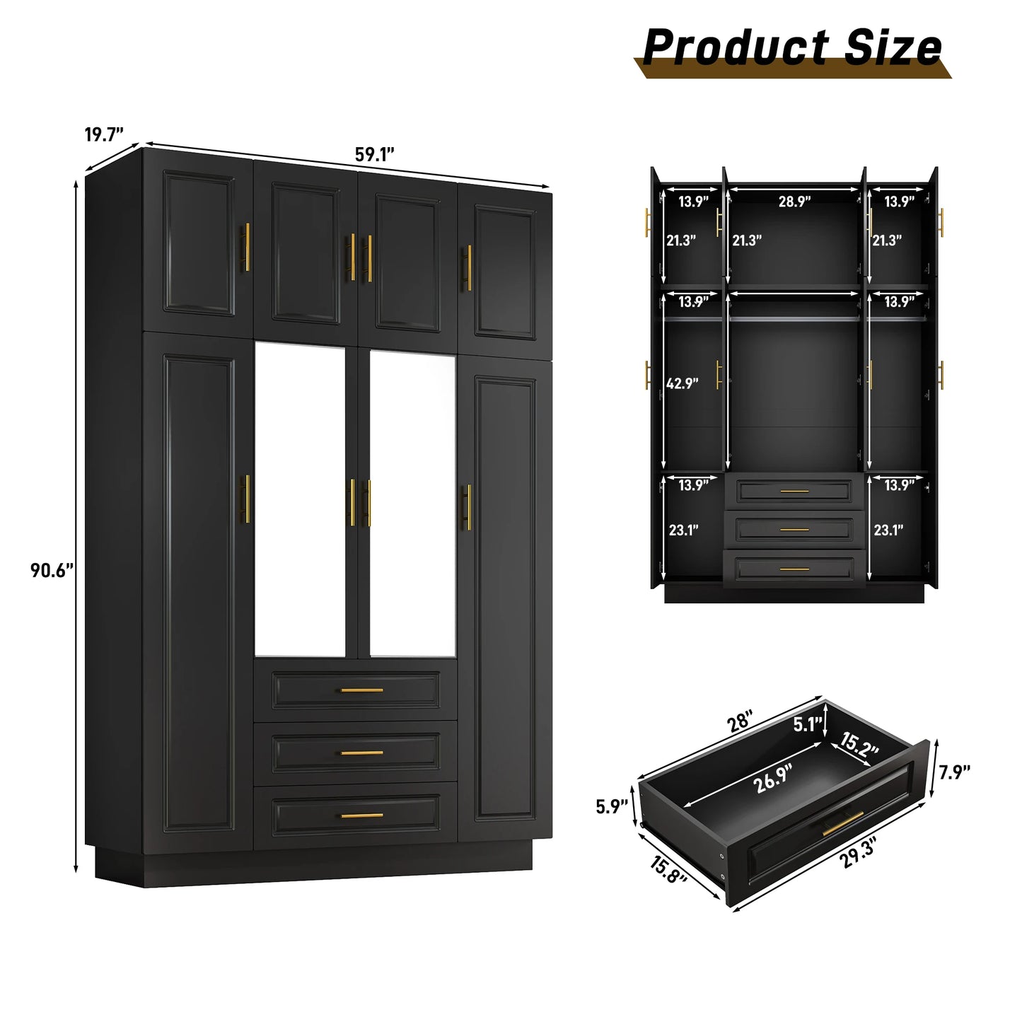 QiaoShiRenFinishes 4 Door LED Armoire Wardrobe With Mirror