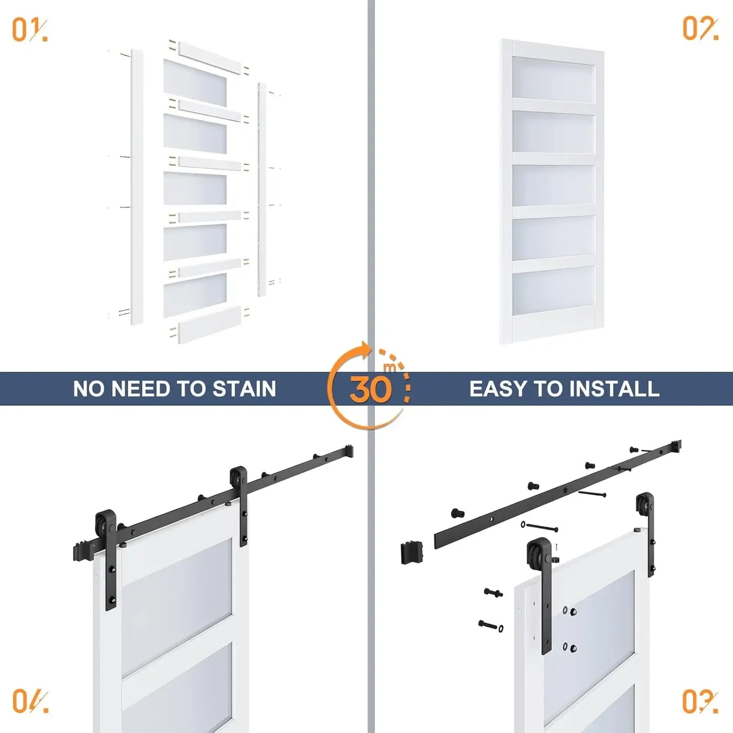 [Limited Stock!]36x84 Inch Glass Sliding Barn Door Slab and 6.6ft Hardware Kit Included, 5 Frosted Glass, LVL Wood Panel Covered