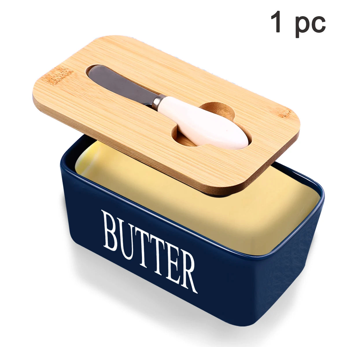 Ceramic Butter Dish With Bamboo Lid Built In Knife And Butter Keeper