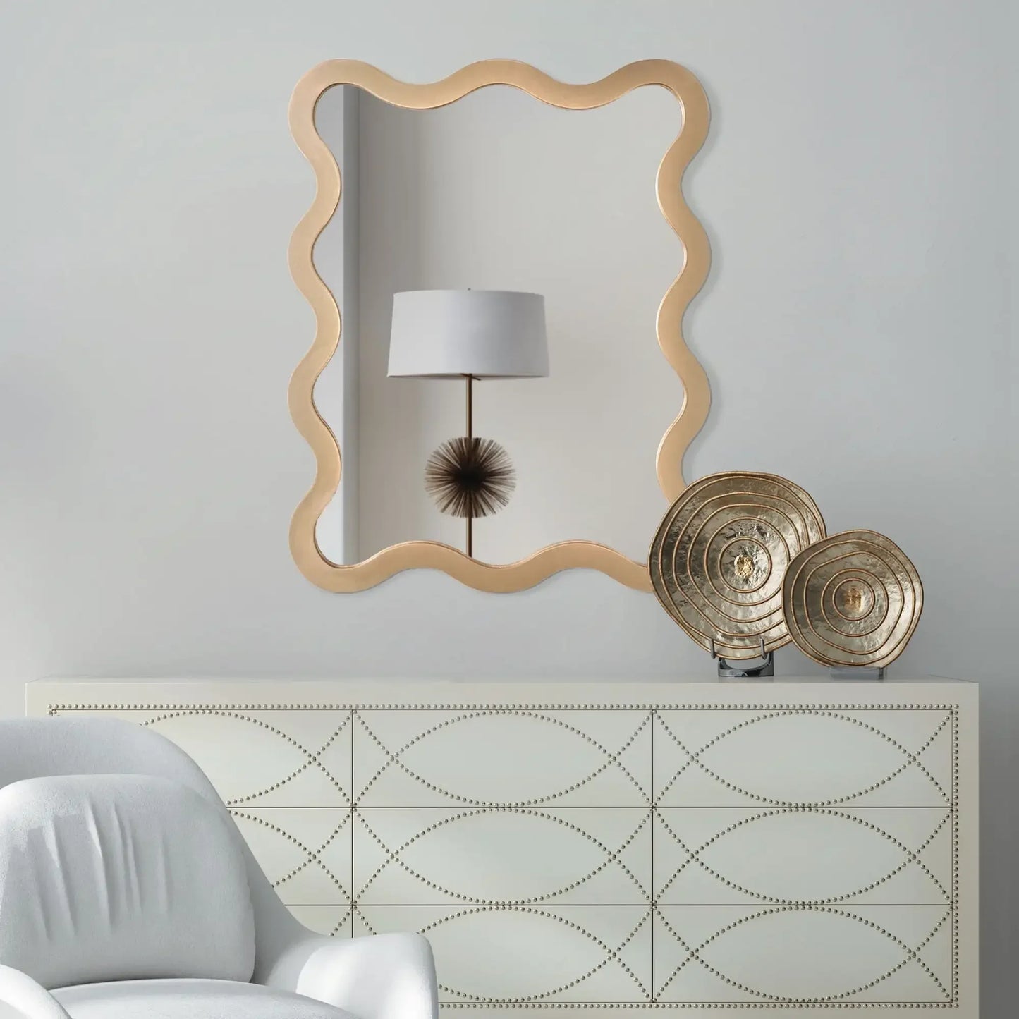 Luxury Gold Wavy Mirror｜Versatile Wall Mirror for Living Room & Bedroom, Easy Horizontal/Vertical Hanging