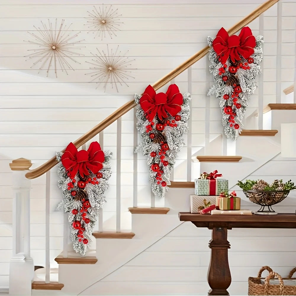 45/60cm Christmas Tree With Red Bow Christmas Ball For Front Door Window  Flocking Wreath Xmas Ornaments Christmas Decorations