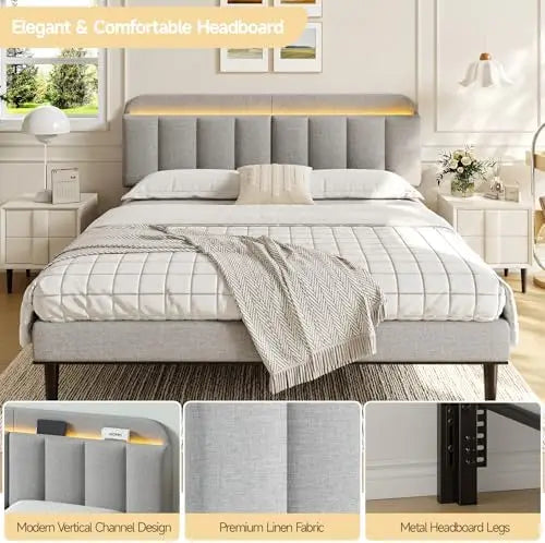 Adjustable Headboard for King/California King Size Bed Frame, Linen Fabric Bed Headboard with Storage & RGB LED Light