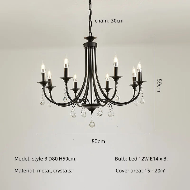 American Black Metal E14 Led Chandelier Living Room Crystal Hanging Lamp Art Decor Home Lighting Led Lamparas Luminarias