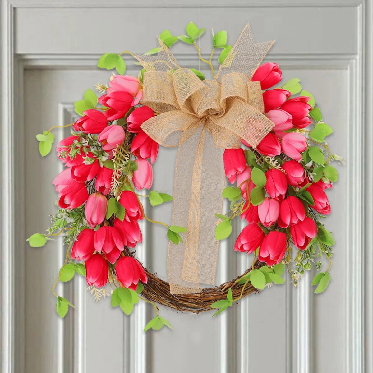 Valentine's Day Tulip Wreath for Front Door, 17.7 Inch Valentine Door Wreath Valentine's Wreaths Tulip Wreath with Red