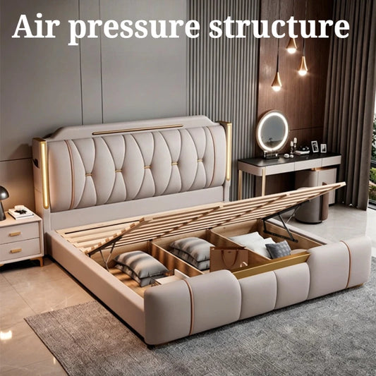 200x220cm Headboard King Bed 2 People Queen Size Storage Frame Master Bedroom Furniture Modern Luxury Double Bed Nappa Leather
