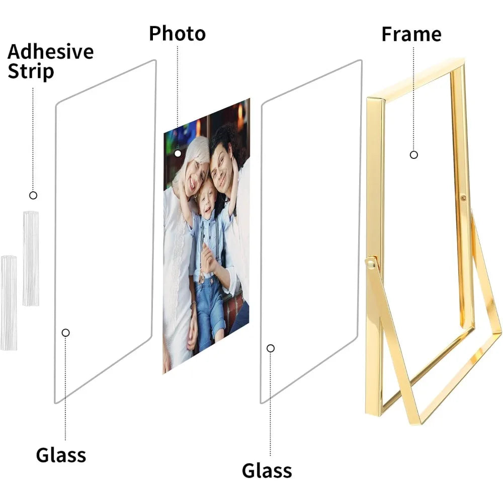 2 Pack Gold Frame Floating Picture Frame, Tempered Glass Frame, for Tabletop Display, Gold Metal Display Frames, for Multi Size