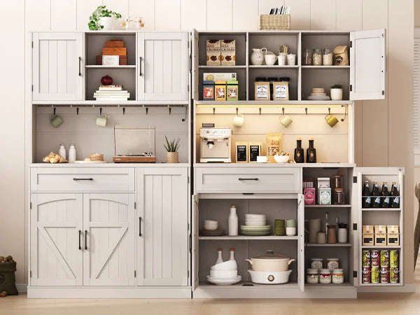 Onbrill Pantry Cabinet With LED Light And Outlet Storage