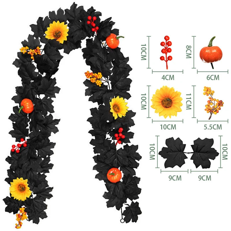Halloween Artificial Vines Red Black Autumn Maple Leaves Fake Garland For Home Christmas Thanksgiving Party Fireplace Fall Decor