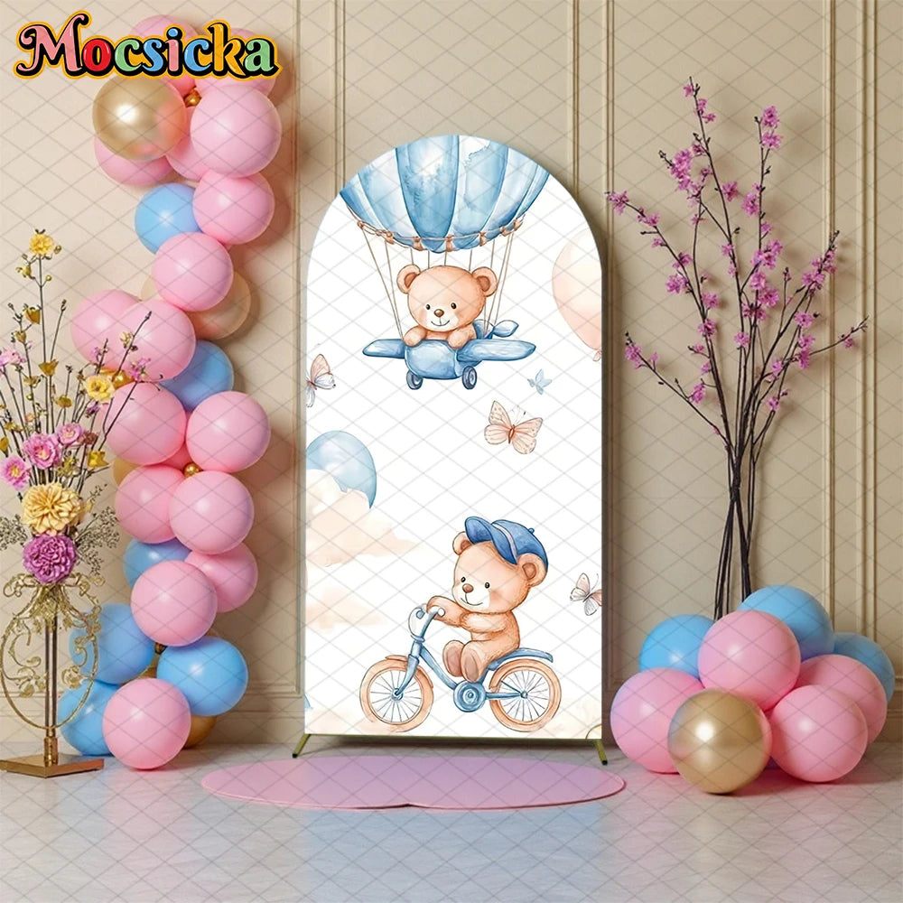 Mocsicka Bear Arch Backdrop Cover Baby Shower Birthday Party Arched Background Props Hot Air Balloon Pattern Art Decor Photocall