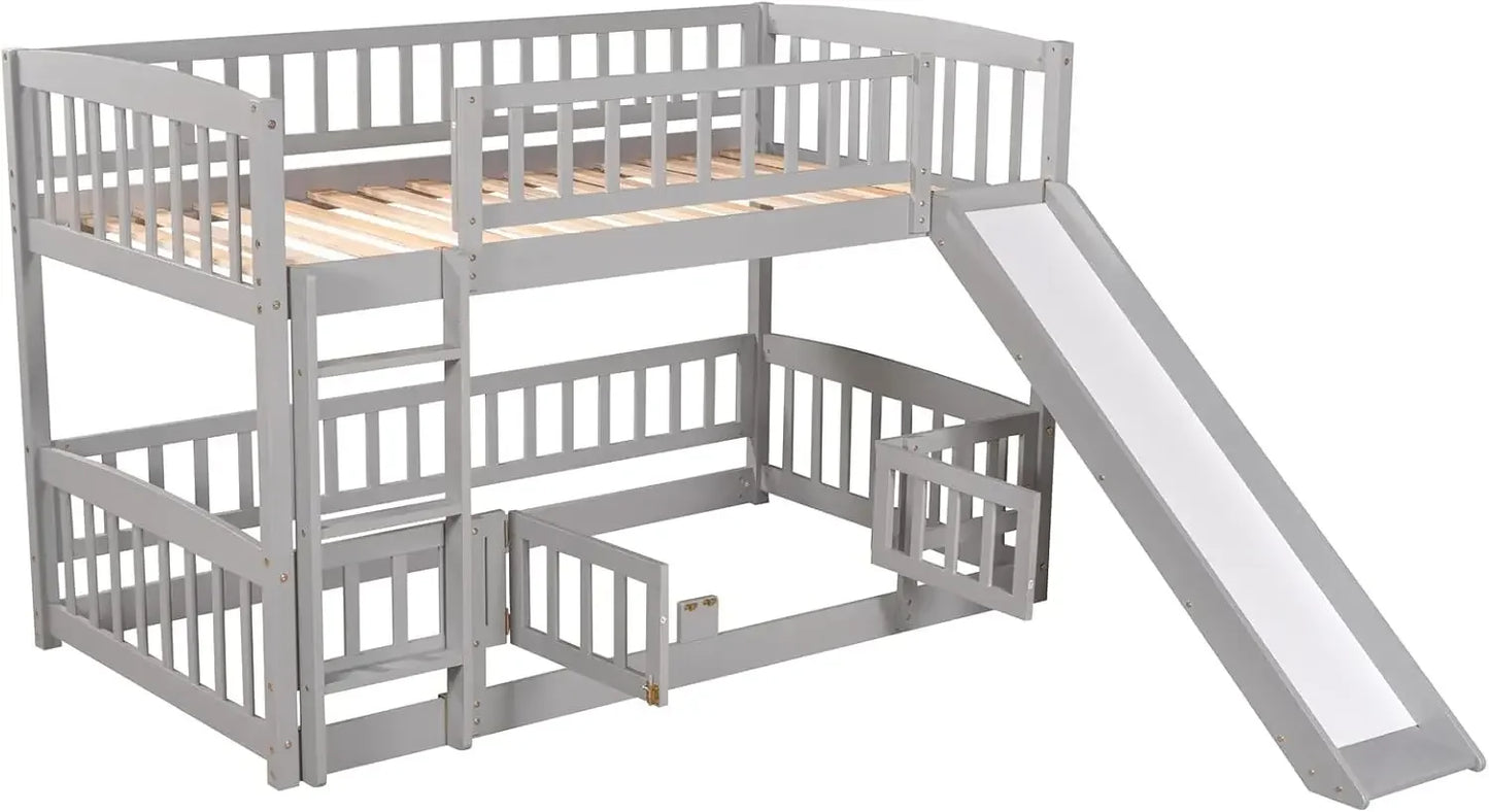 XMSJ Low Bunk Bed With Slide Twin Over Twin