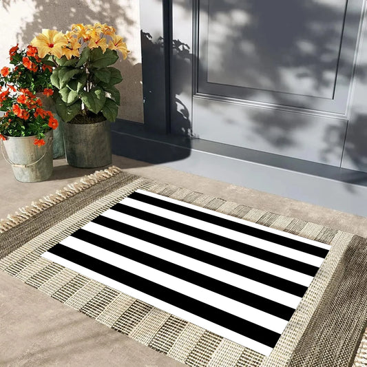Black and White Area Rug Rubber Backing Striped Front Door Rug Outdoor Doormats Indoor Floor Mat for Kitchen Entryway Patio