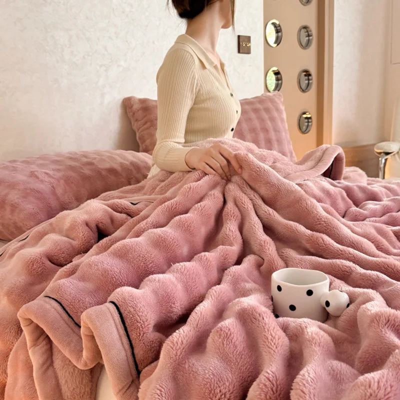 Bubble Imitation Rabbit Fur Throw Blanket Solid Double Sided Plush Blankets for Sofa Bed Spring Autumn Warm Office Nap Blanket