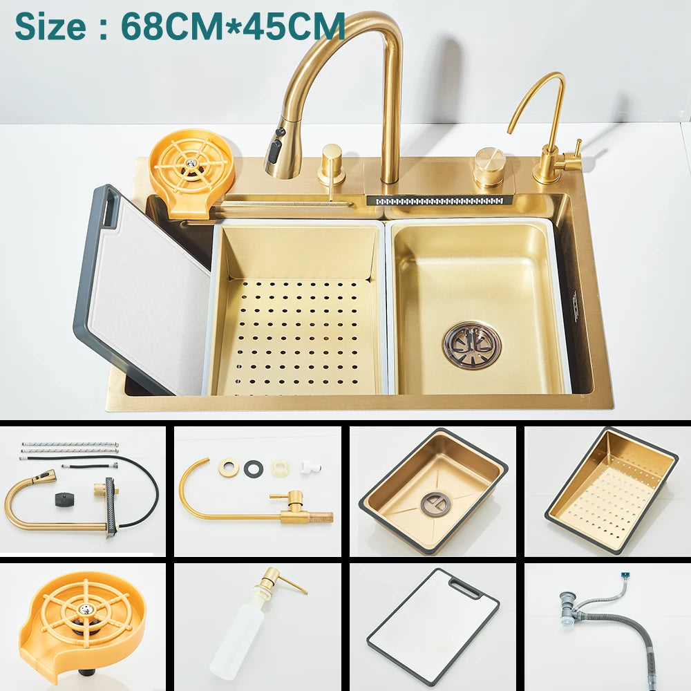 Multifunctional Kitchen Waterfall Sink Digital Display Large Single Gray Sink Dish Basin Sink 304 Stainless Steel