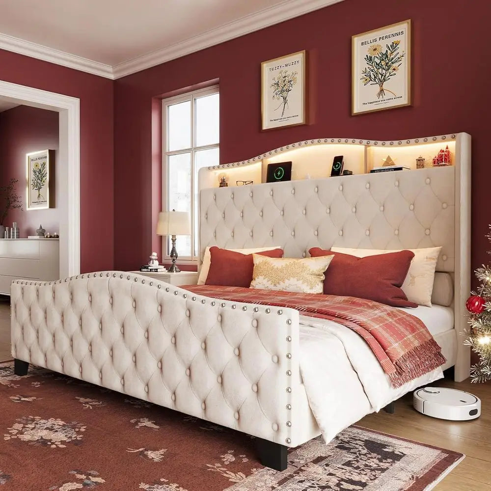 Velvet Wingback Bed Frame with LED Lights, Storage, and Charging Station - No Box Spring Needed,Customized