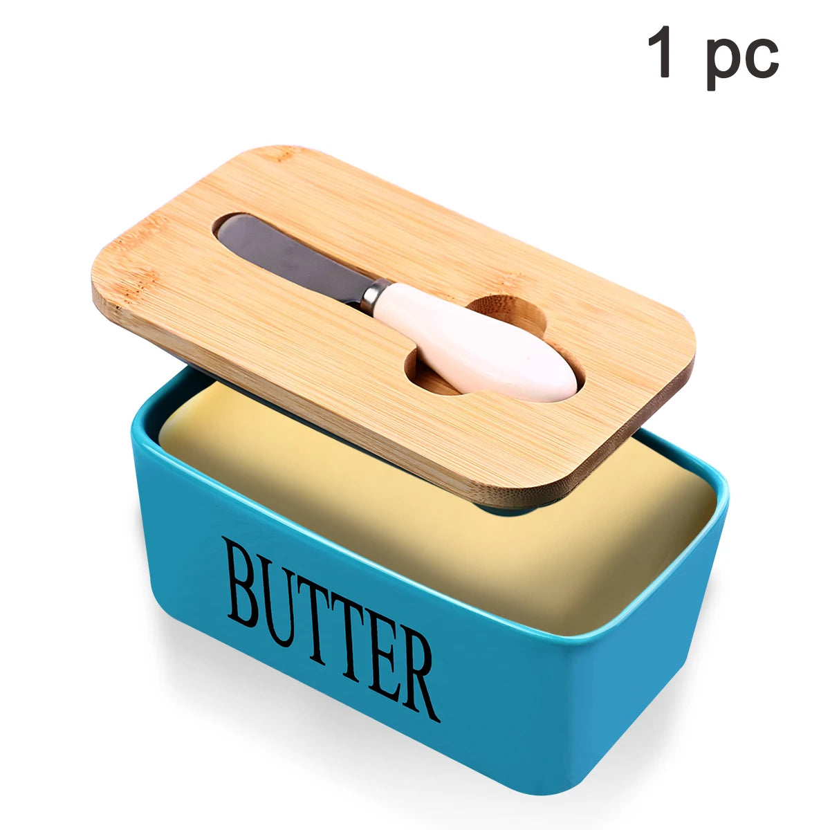 Ceramic Butter Dish With Bamboo Lid Built In Knife And Butter Keeper