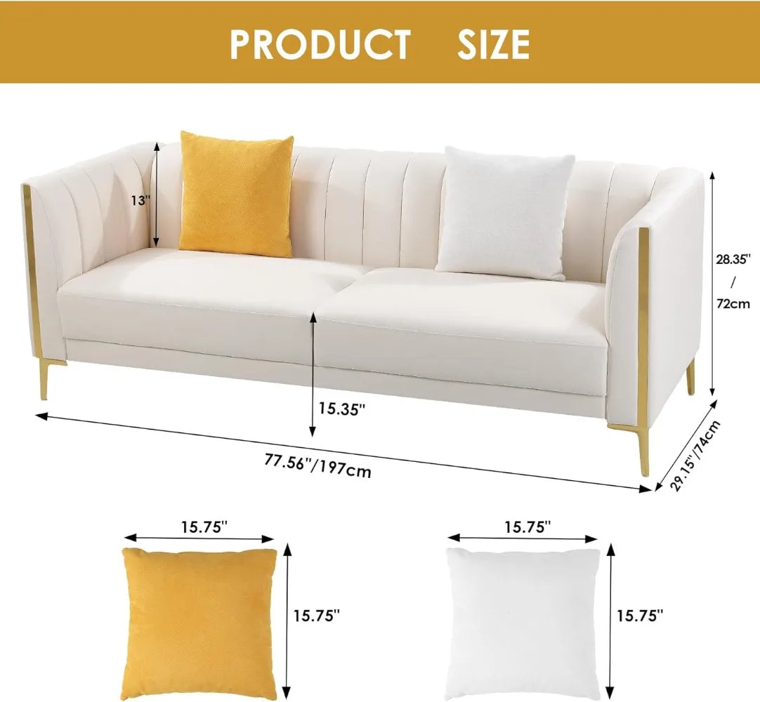 RBXC Modern Sofa With Gold Metal Legs And Throw Pillows
