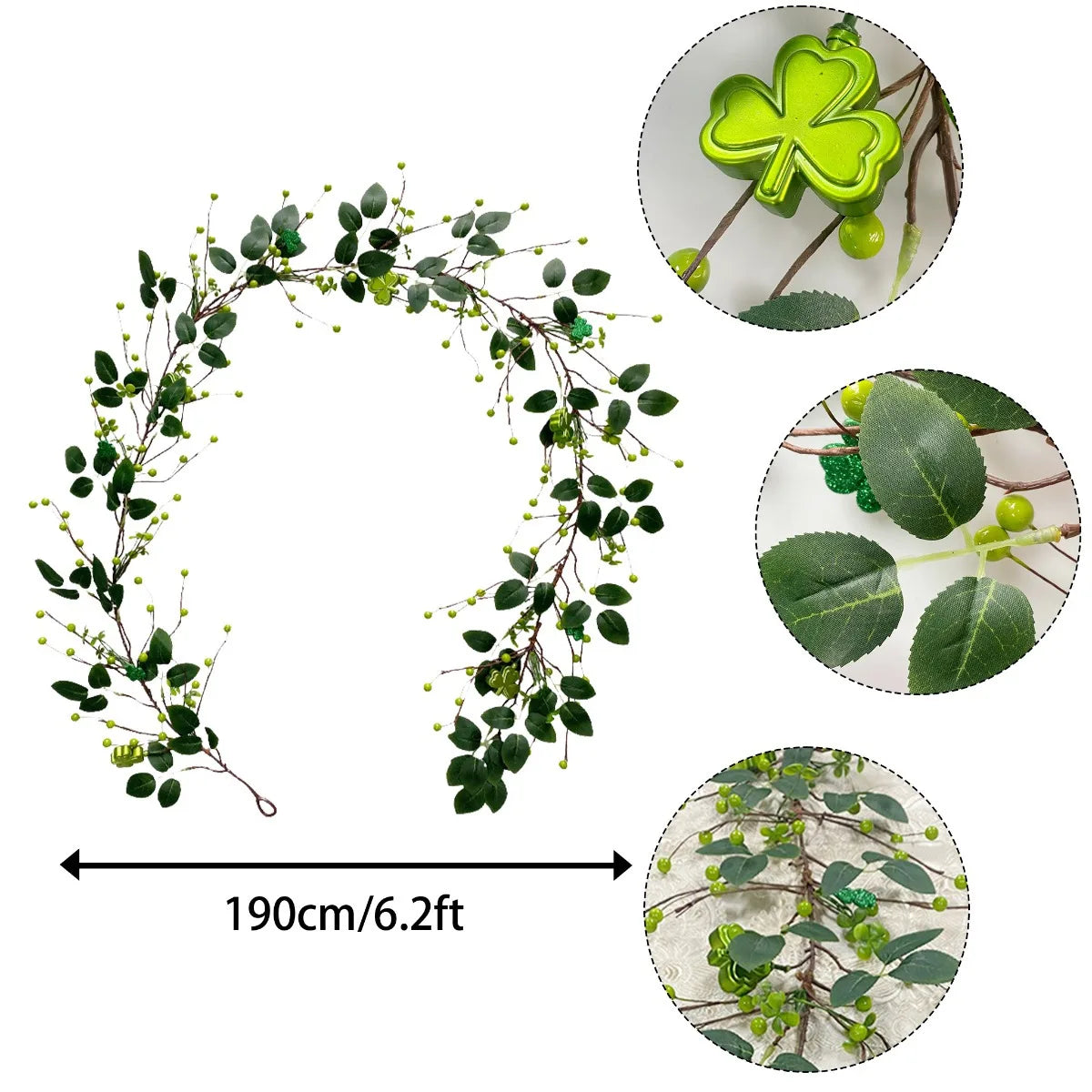 6.2 ft St. Patrick's Day Garland with Green Shamrock and Berry Garland St. Patrick's Day Decorations Green Clover Berry