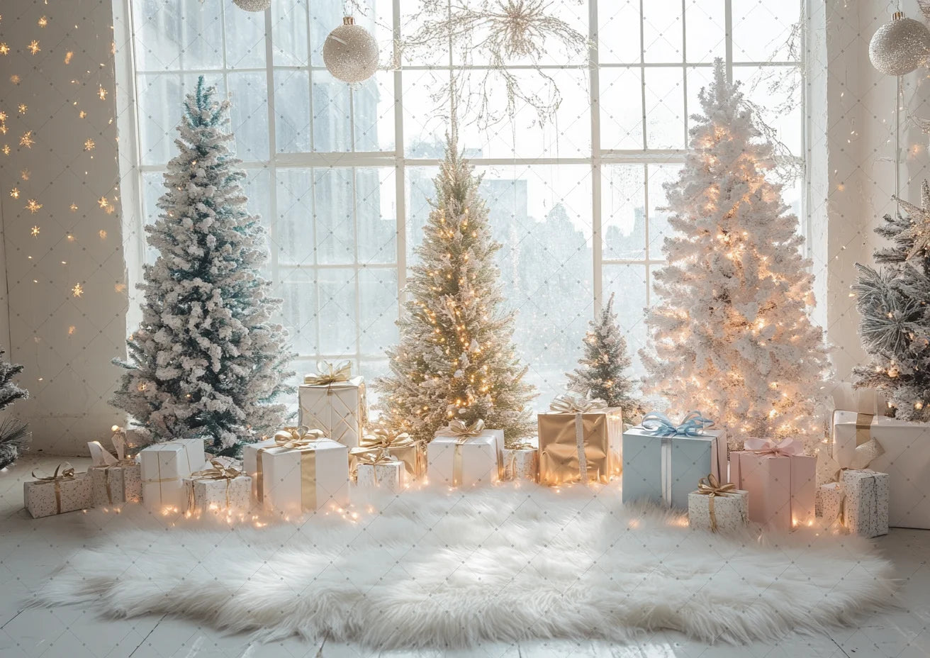 Photography Backdrop Christmas Trees Stars Newborn Birthday Portrait Window Tulle Curtains Gift Decor Photo Background