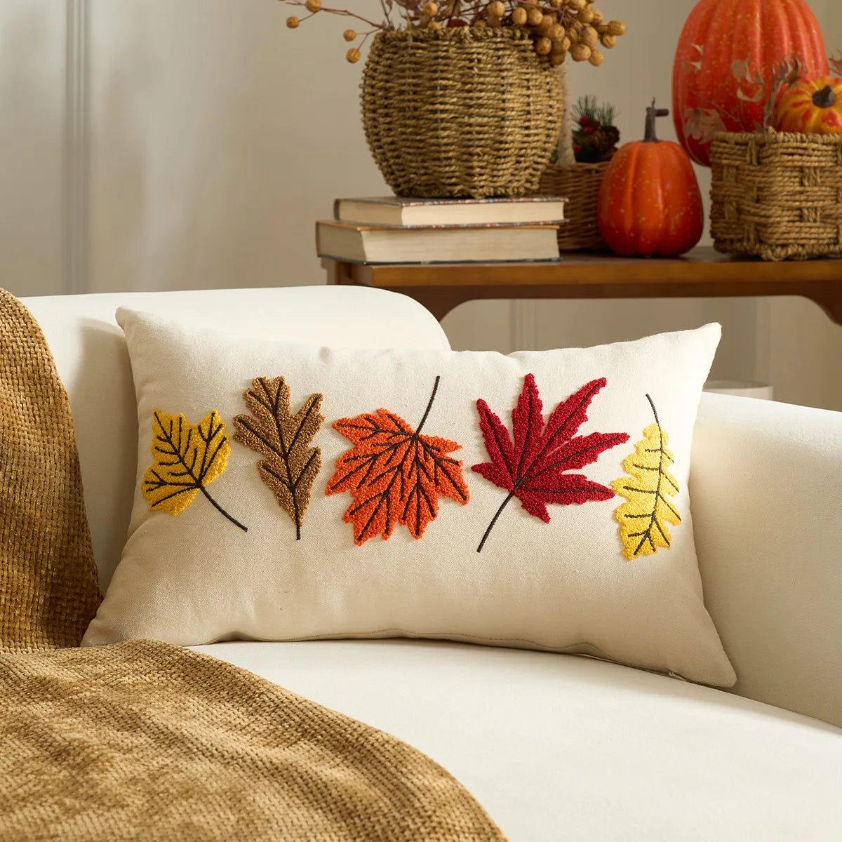 Halloween Tufted Throw Pillow Cover Thanksgiving Maple Pumpkin Square Cushion Cover for Home Living Room Party DIY Fall Decor