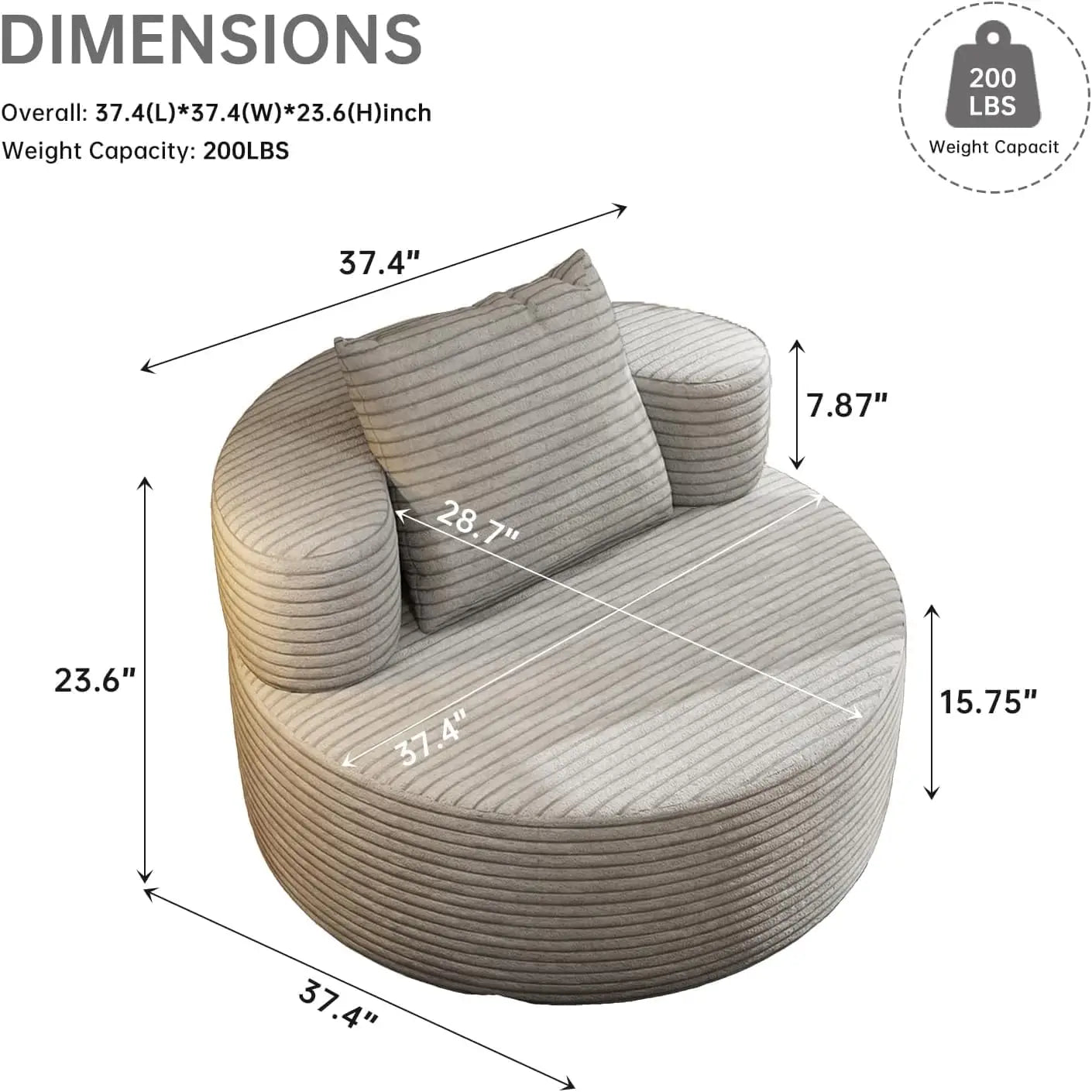 37.4" Oversized Boneless Chair Round, Chaise Lounge Boneless Accent Chair Indoor, Upholstered Corduroy Deep Seat Sofa Chair