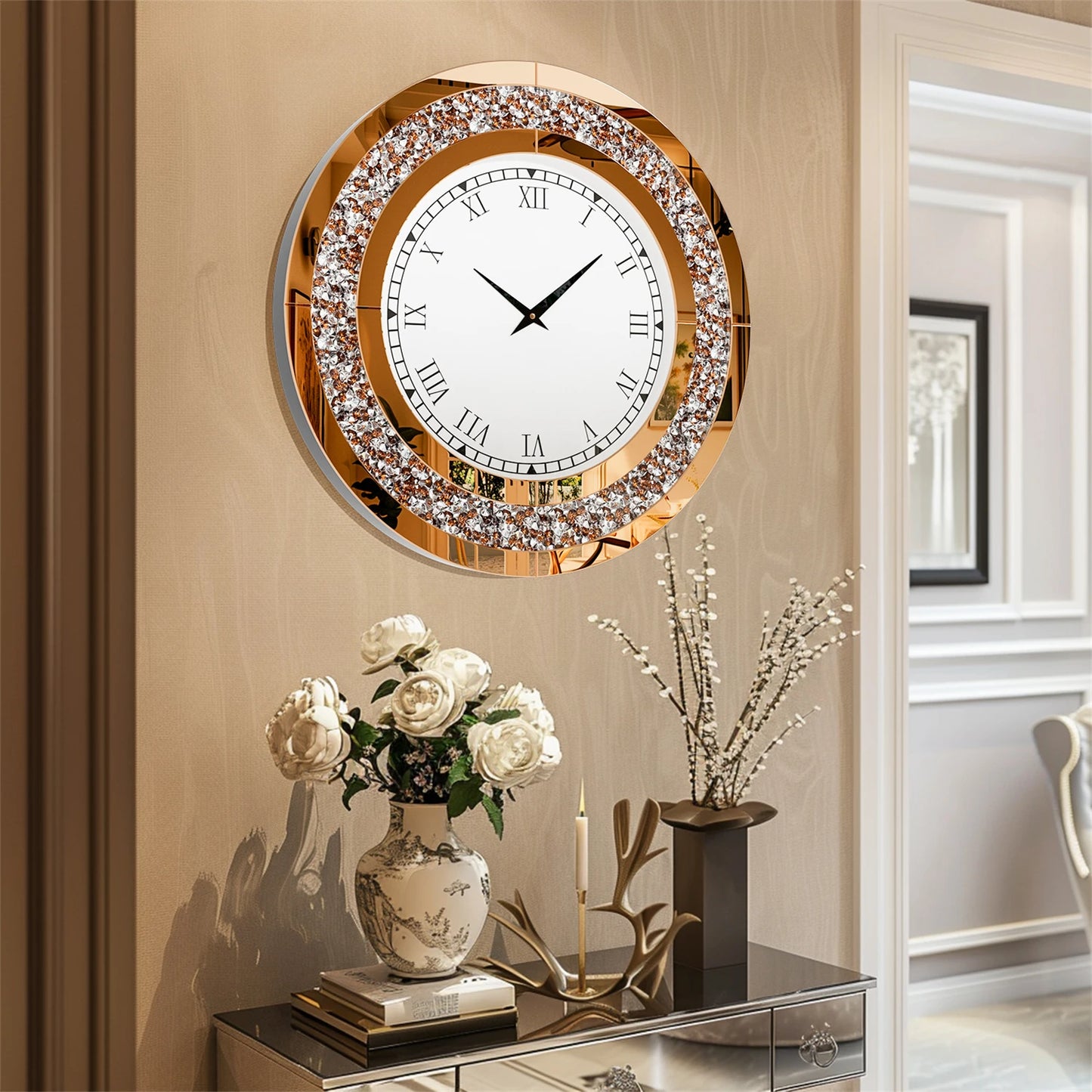 Glam Sparkle Bling Silver Round Mirror Wall Clock Decor