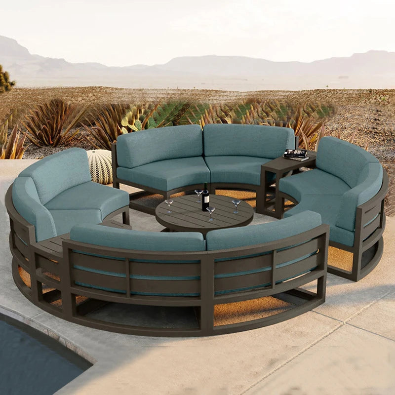 360° Round Outdoor Sofa Set - Deep Grey Aluminum Patio Furniture, Waterproof for Garden and Balcony