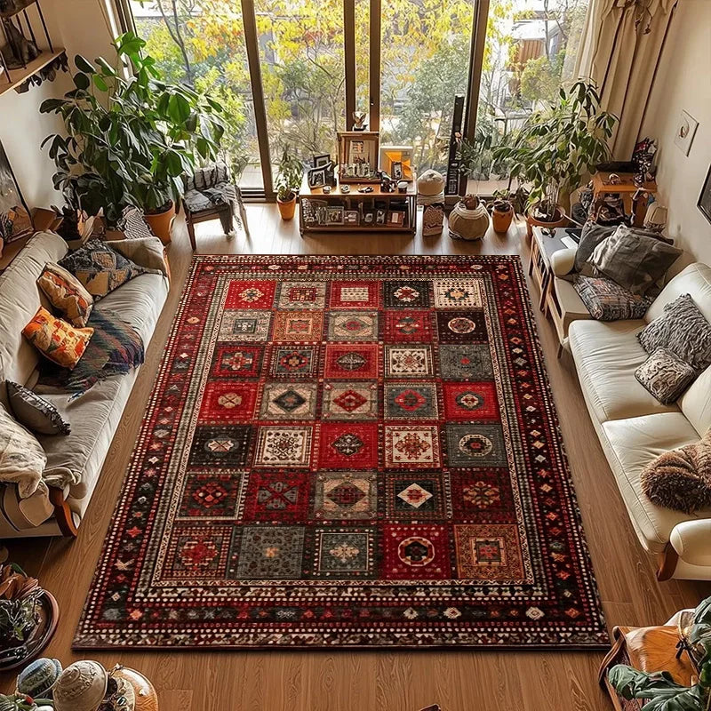 RAKKS Large Retro Red Ethnic Style Patchwork Carpet Area Rug Non-slip Living Room Decor Sofa Rug Bedroom Bedside Rug Floor Mat