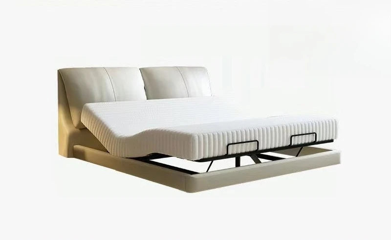 Smart Electric Bed with Floating Design Modern Luxury Genuine Leather Bed Frame Adjustable Lift King Size Bed for Master Bedroom