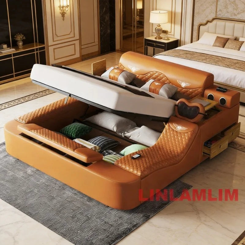 All In One Bed, Luxury Upholstered Platform Bed Frame with Storage, Speaker,LED Light & USB, Genuine Leather Bed King/Queen Size